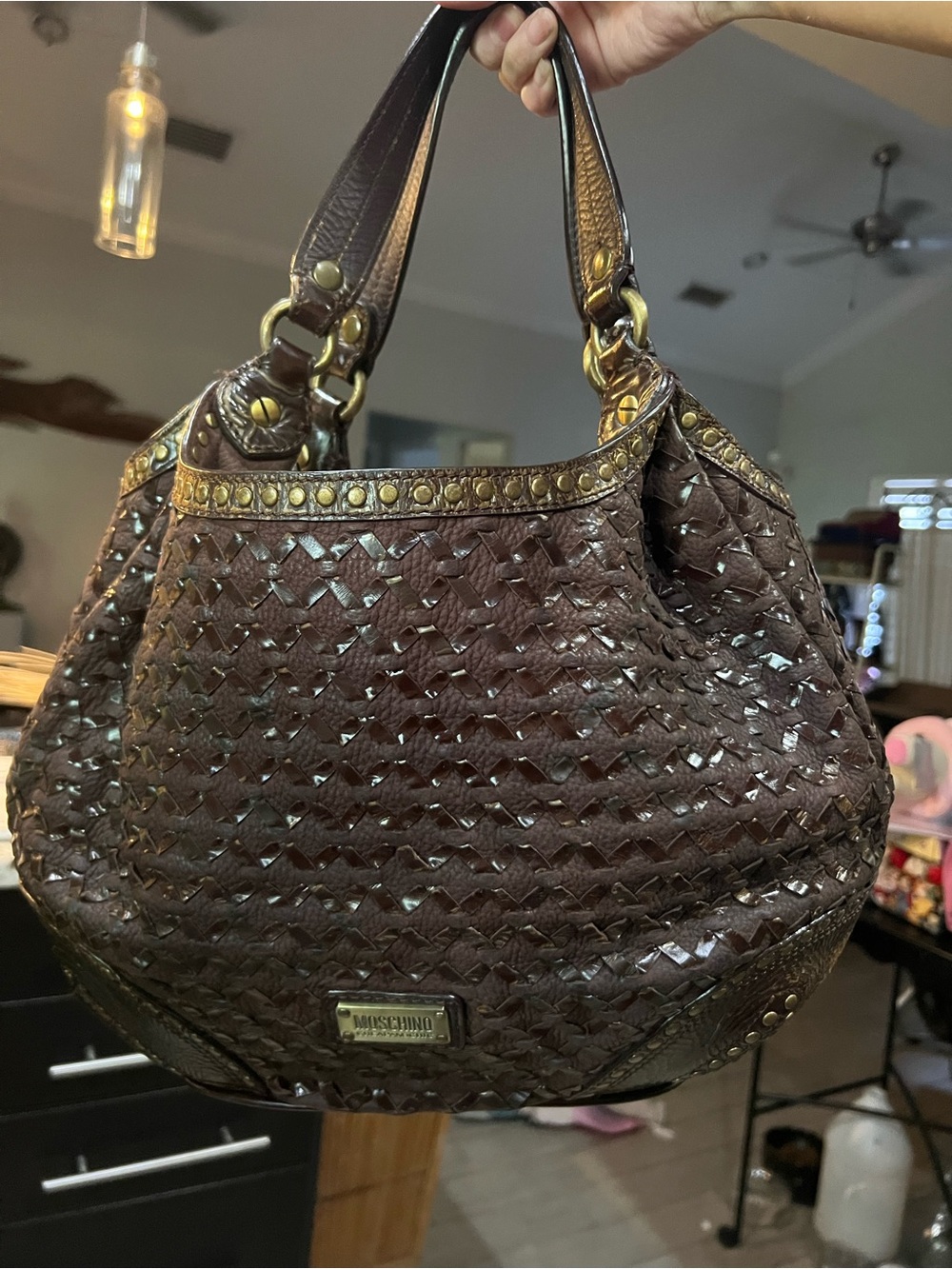 Moschino Dark Brown Woven Leather Hobo with Stud Accents